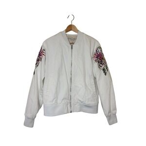 Rachel Roy White Denim Bomber Jacket Floral Embroidered Full Zip Size XL